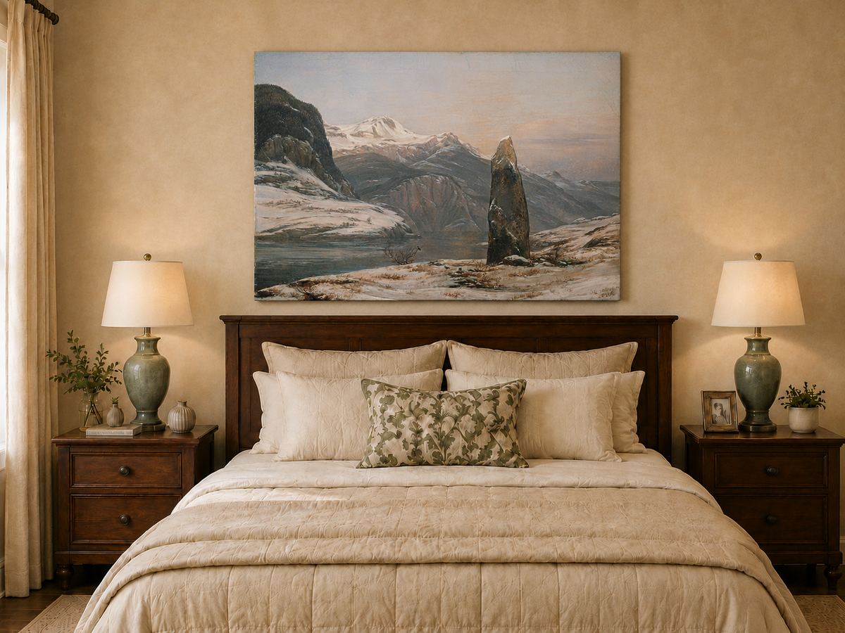 Landscape Oil Painting - Snowy Mountain Lake with Standing Stone