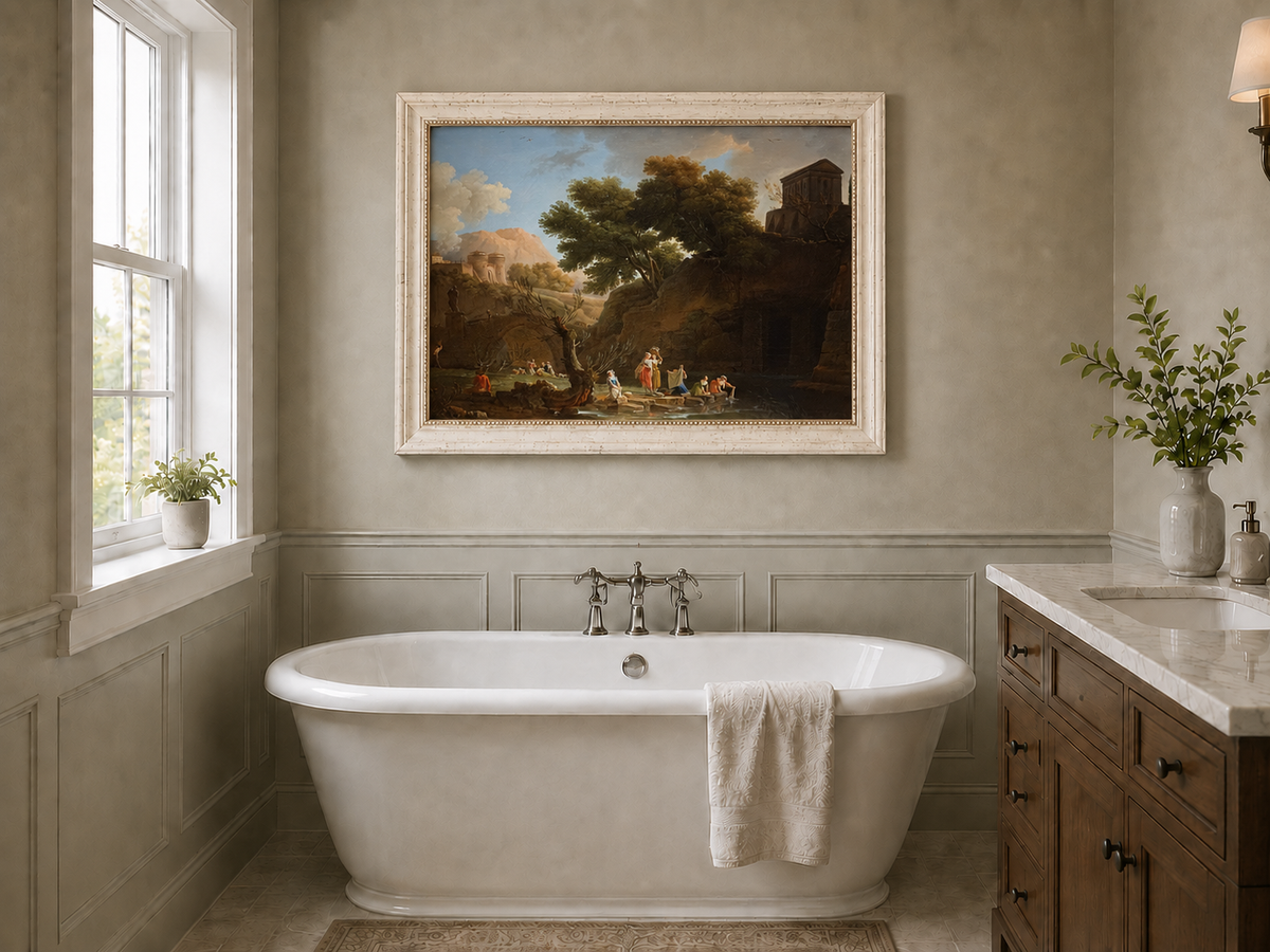 Landscape Oil Painting - Classical Riverside Ruins with Figures