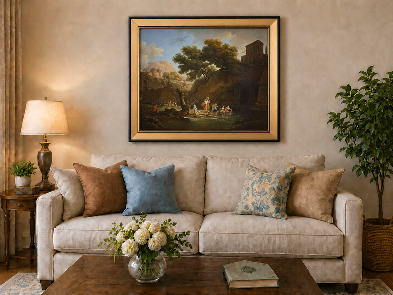 Landscape Oil Painting - Classical Riverside Ruins with Figures