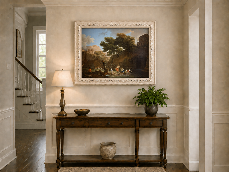 Landscape Oil Painting - Classical Riverside Ruins with Figures
