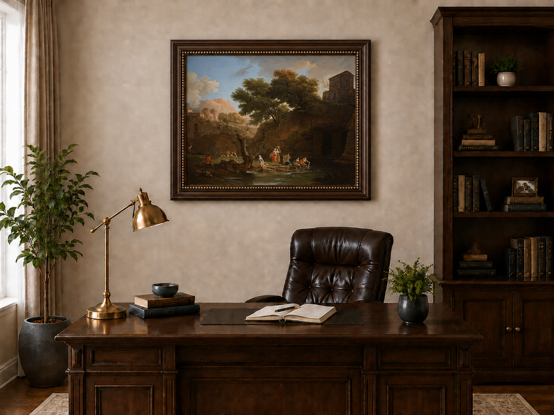 Landscape Oil Painting - Classical Riverside Ruins with Figures