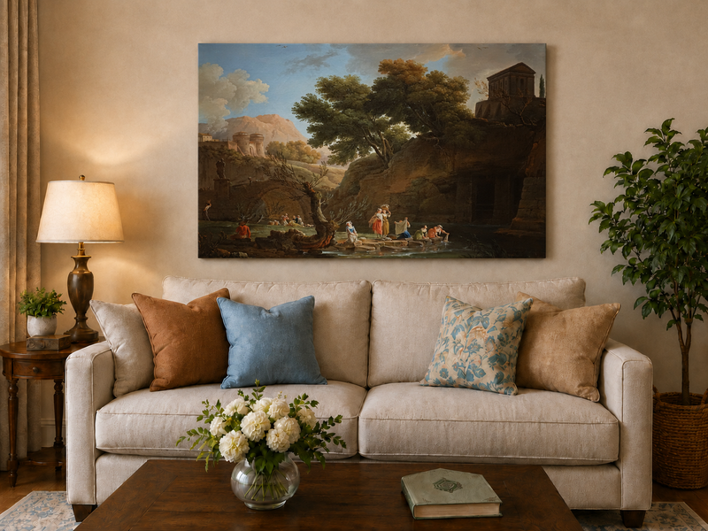Landscape Oil Painting - Classical Riverside Ruins with Figures