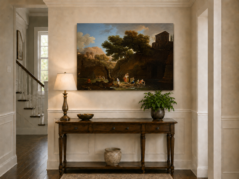 Landscape Oil Painting - Classical Riverside Ruins with Figures