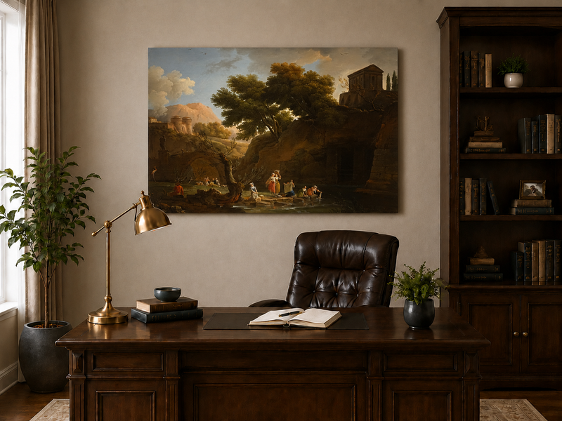 Landscape Oil Painting - Classical Riverside Ruins with Figures