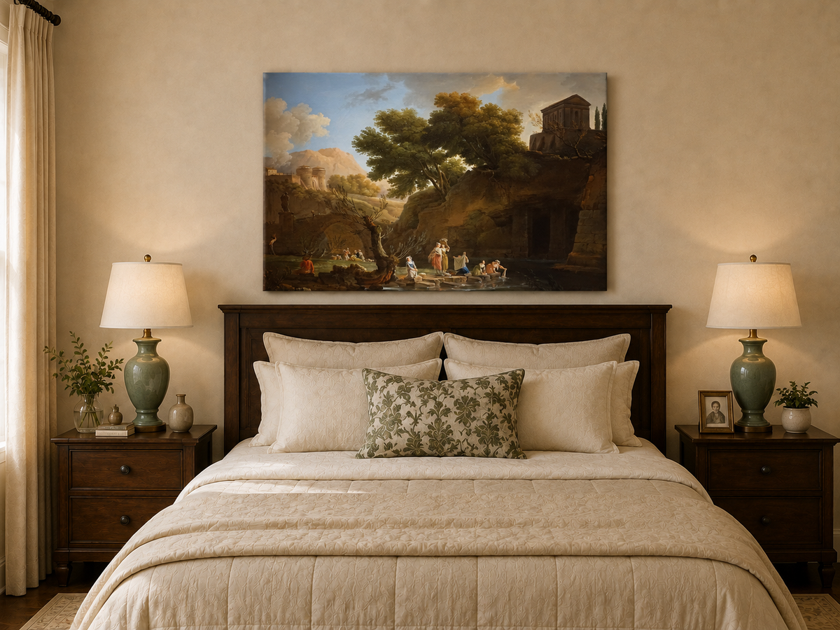 Landscape Oil Painting - Classical Riverside Ruins with Figures