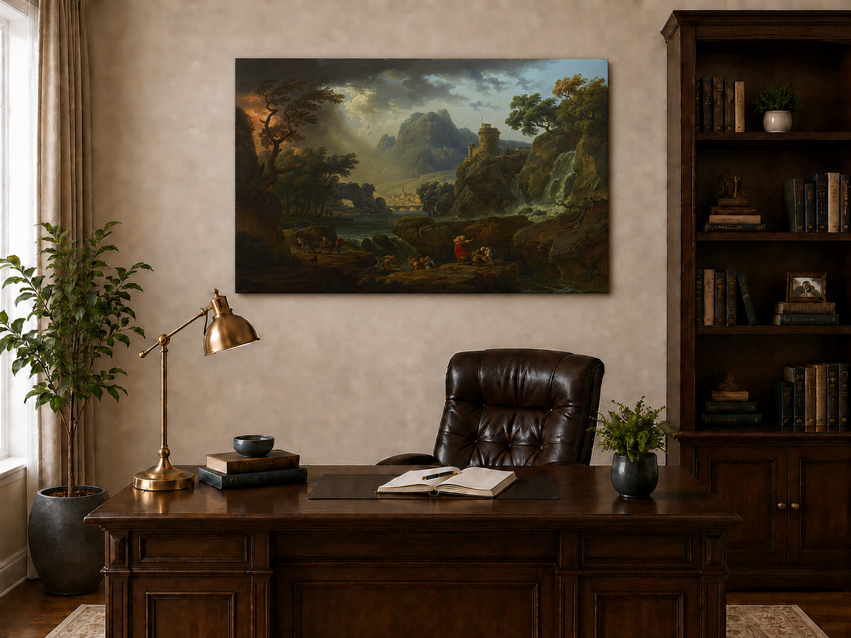 Peinture à l'huile de paysage - Scène de rivière hivernale avec personnages et chevaux