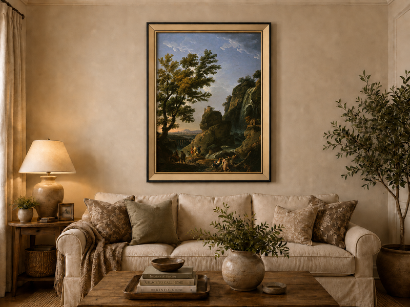 Landscape Oil Painting - Dramatic Waterfall and Cliffside Castle