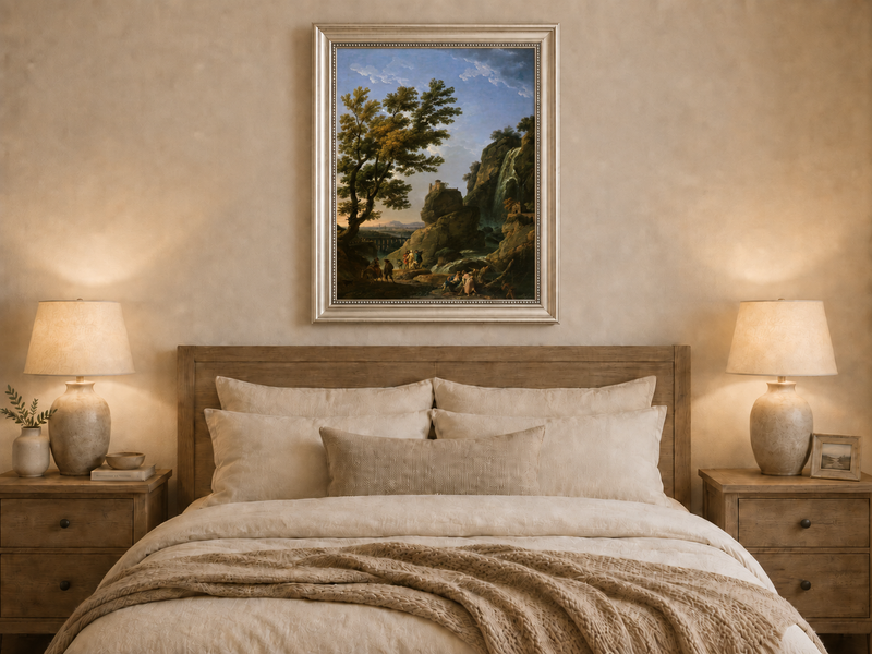 Landscape Oil Painting - Dramatic Waterfall and Cliffside Castle