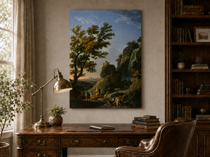 Landscape Oil Painting - Dramatic Waterfall and Cliffside Castle