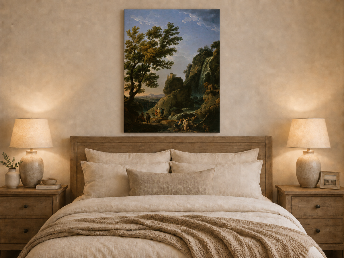 Landscape Oil Painting - Dramatic Waterfall and Cliffside Castle