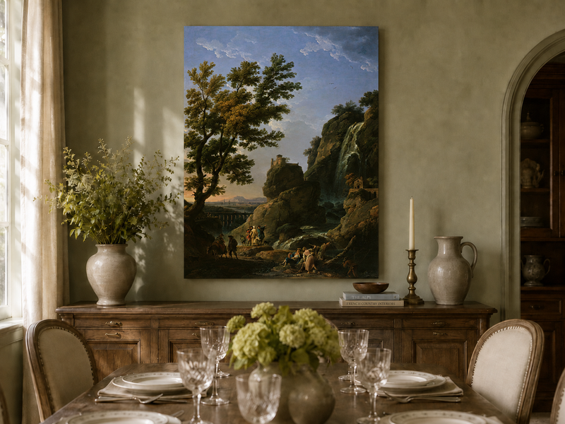 Landscape Oil Painting - Dramatic Waterfall and Cliffside Castle