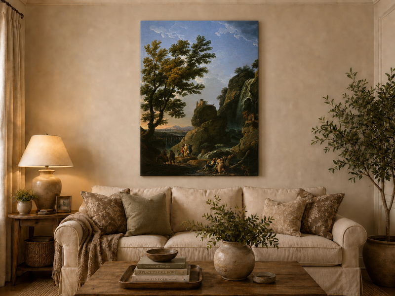 Landscape Oil Painting - Dramatic Waterfall and Cliffside Castle