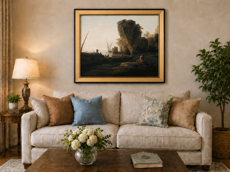 Landscape Oil Painting - Coastal Cliffs and Boats at Sunset