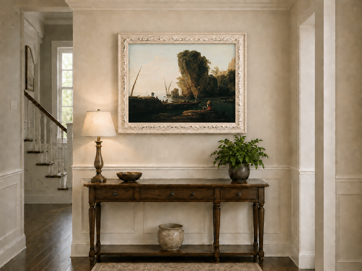 Landscape Oil Painting - Coastal Cliffs and Boats at Sunset