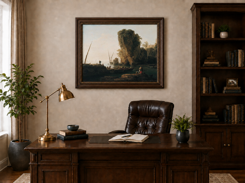 Landscape Oil Painting - Coastal Cliffs and Boats at Sunset
