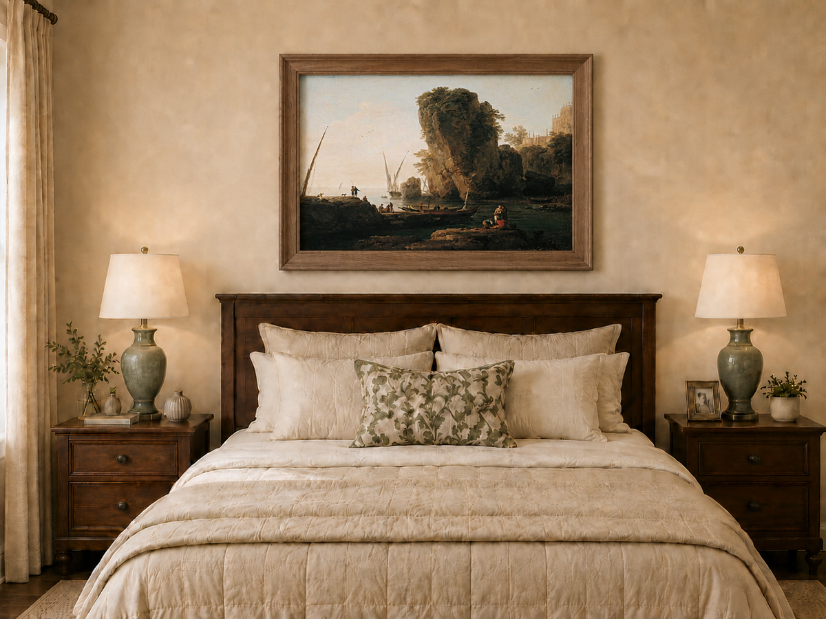 Landscape Oil Painting - Coastal Cliffs and Boats at Sunset