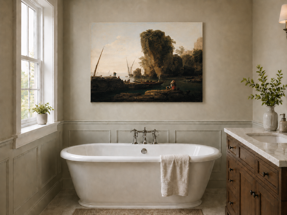 Landscape Oil Painting - Coastal Cliffs and Boats at Sunset