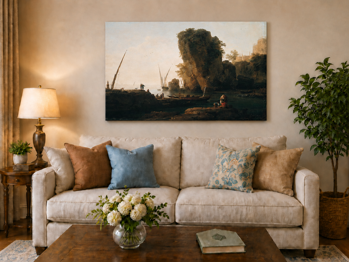 Landscape Oil Painting - Coastal Cliffs and Boats at Sunset