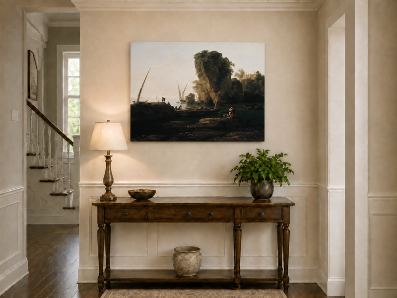 Landscape Oil Painting - Coastal Cliffs and Boats at Sunset