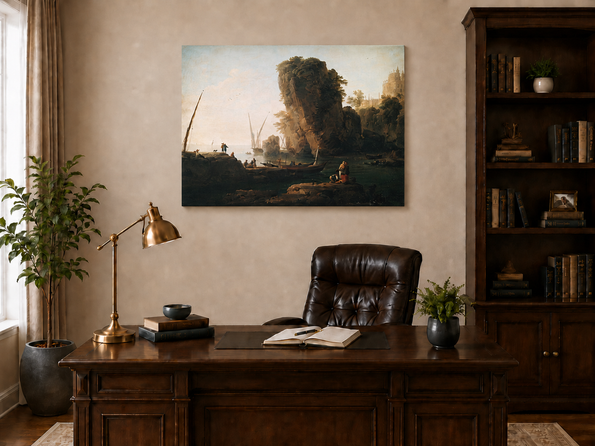 Landscape Oil Painting - Coastal Cliffs and Boats at Sunset