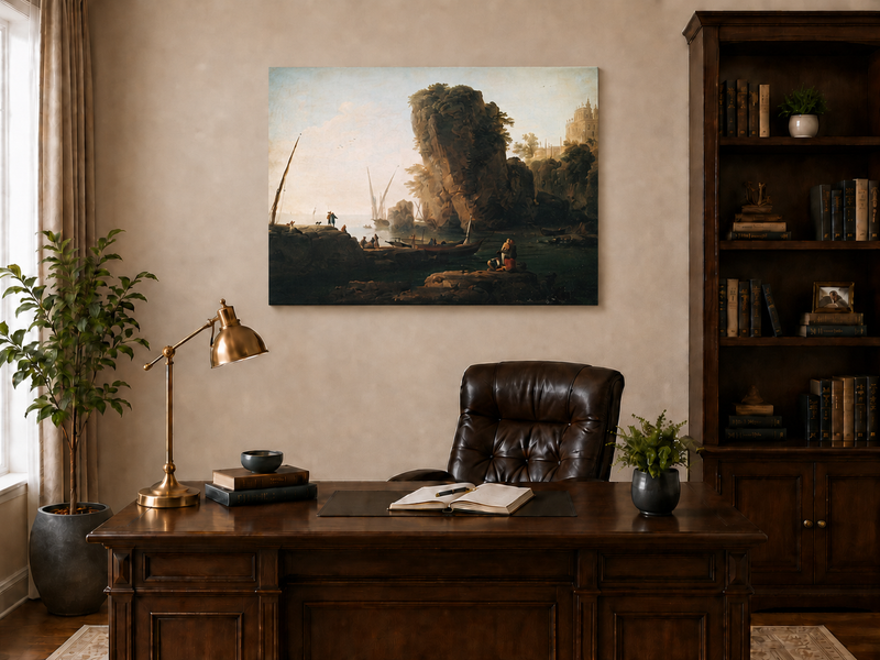 Landscape Oil Painting - Coastal Cliffs and Boats at Sunset