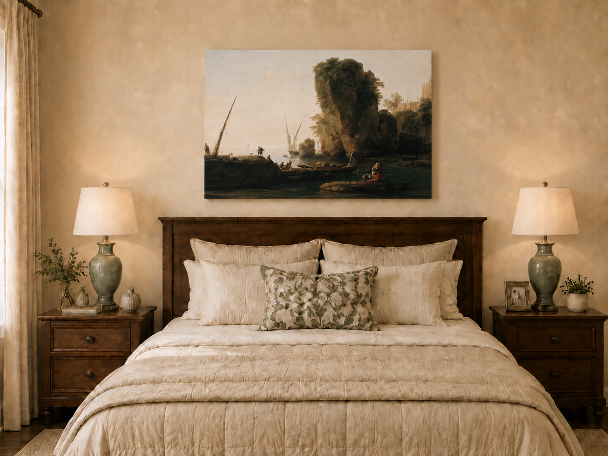 Landscape Oil Painting - Coastal Cliffs and Boats at Sunset
