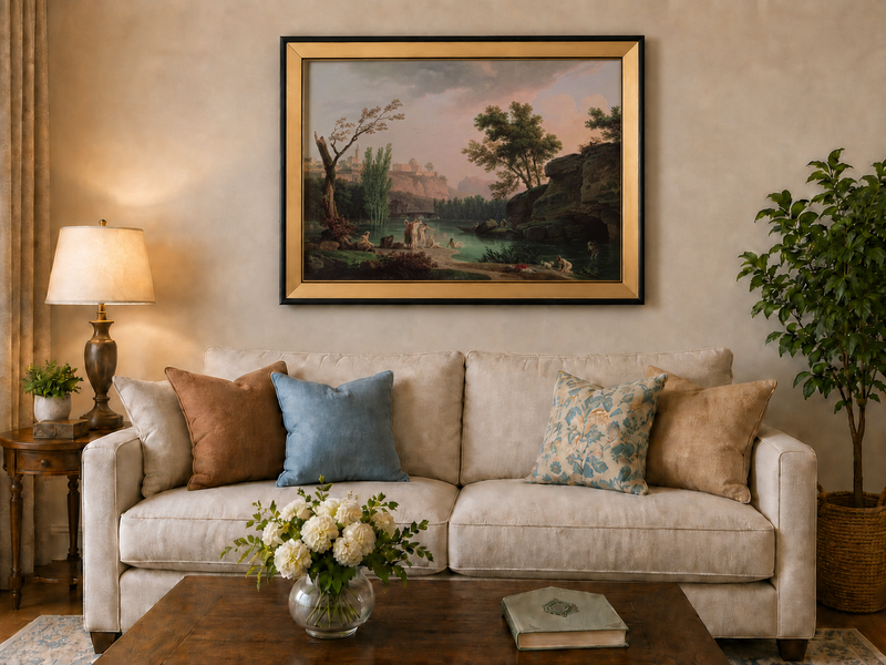 Landscape Oil Painting - Classical River Bathing Landscape