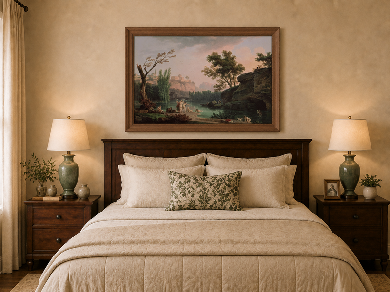 Landscape Oil Painting - Classical River Bathing Landscape