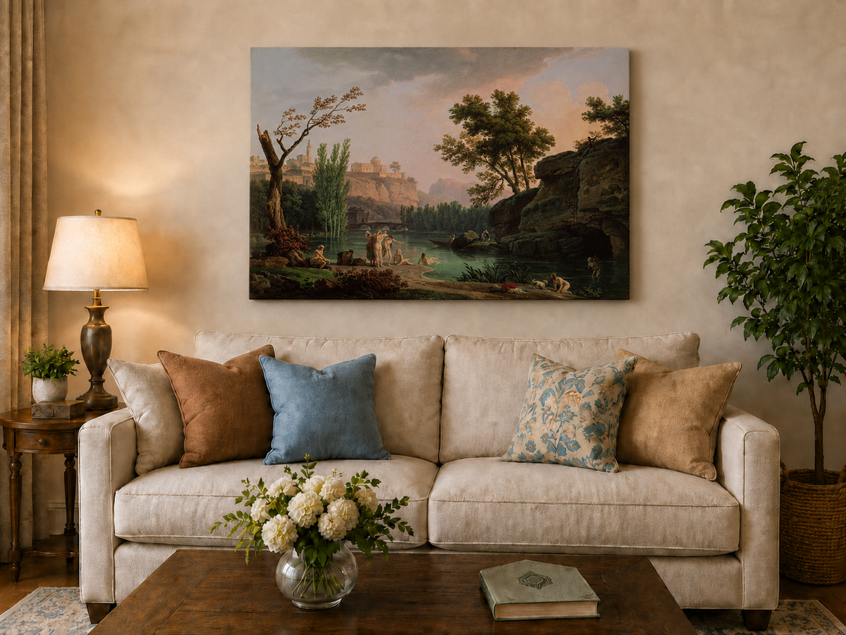 Landscape Oil Painting - Classical River Bathing Landscape