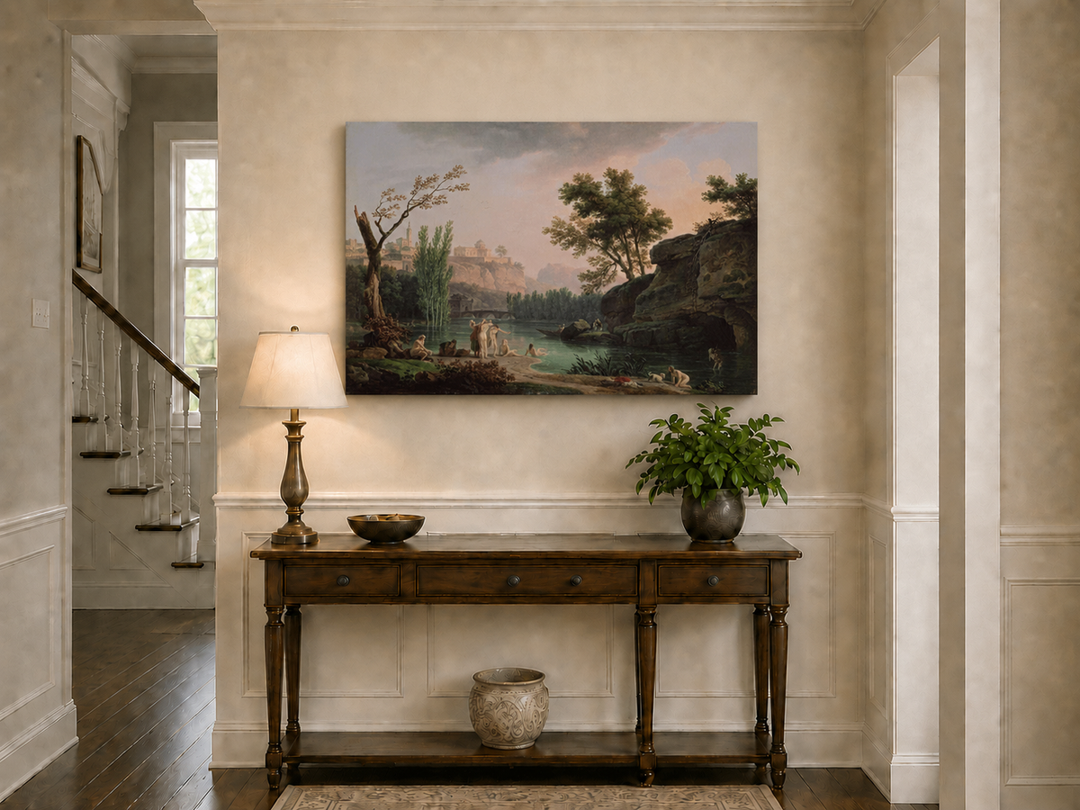 Landscape Oil Painting - Classical River Bathing Landscape
