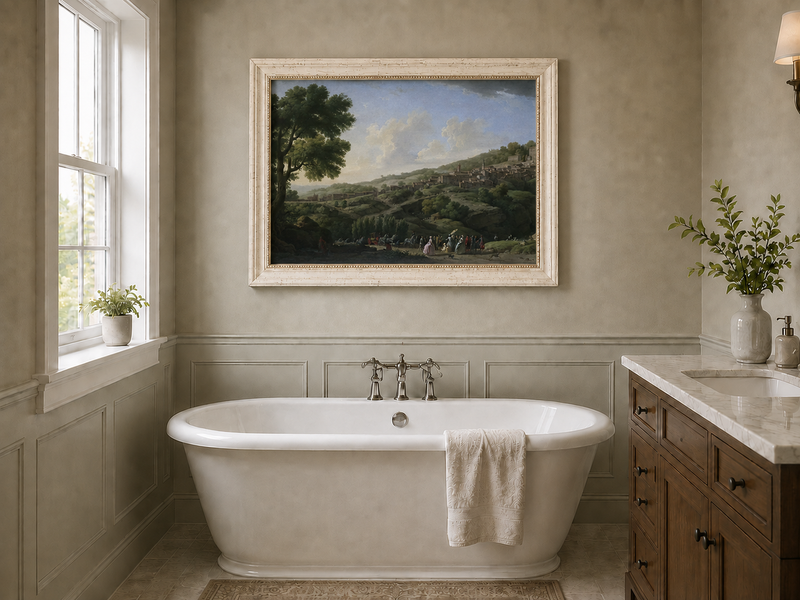 Landscape Oil Painting - Italian Hillside Village Villa, Figures