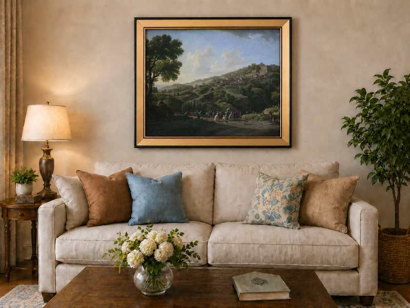 Landscape Oil Painting - Italian Hillside Village Villa, Figures