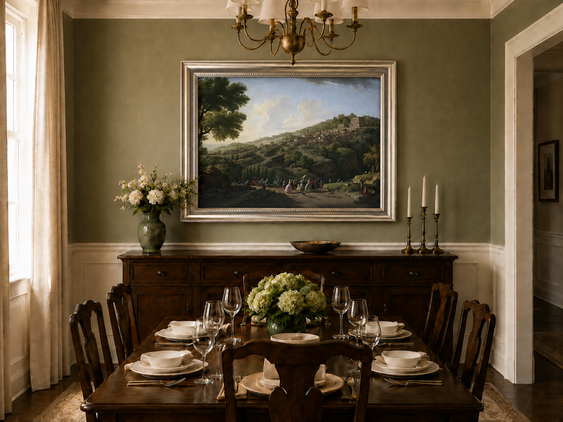 Landscape Oil Painting - Italian Hillside Village Villa, Figures