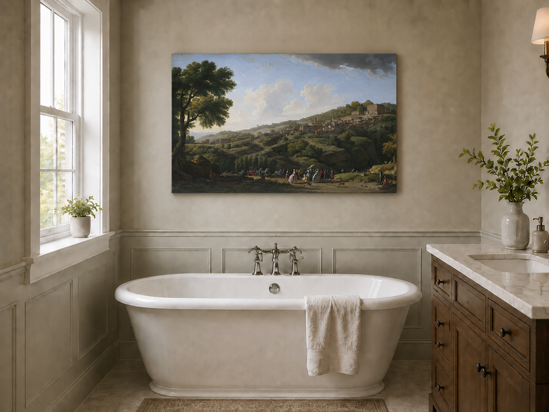 Landscape Oil Painting - Italian Hillside Village Villa, Figures