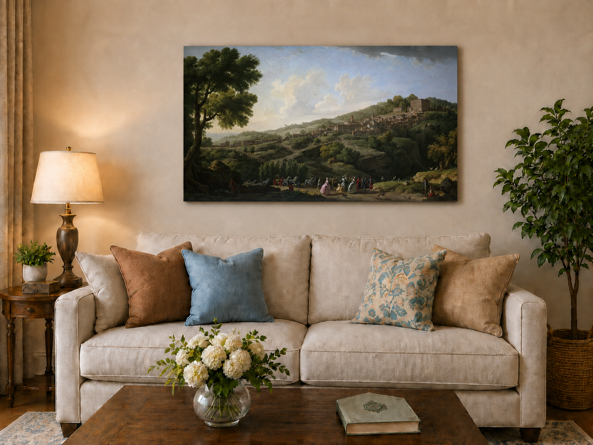 Landscape Oil Painting - Italian Hillside Village Villa, Figures