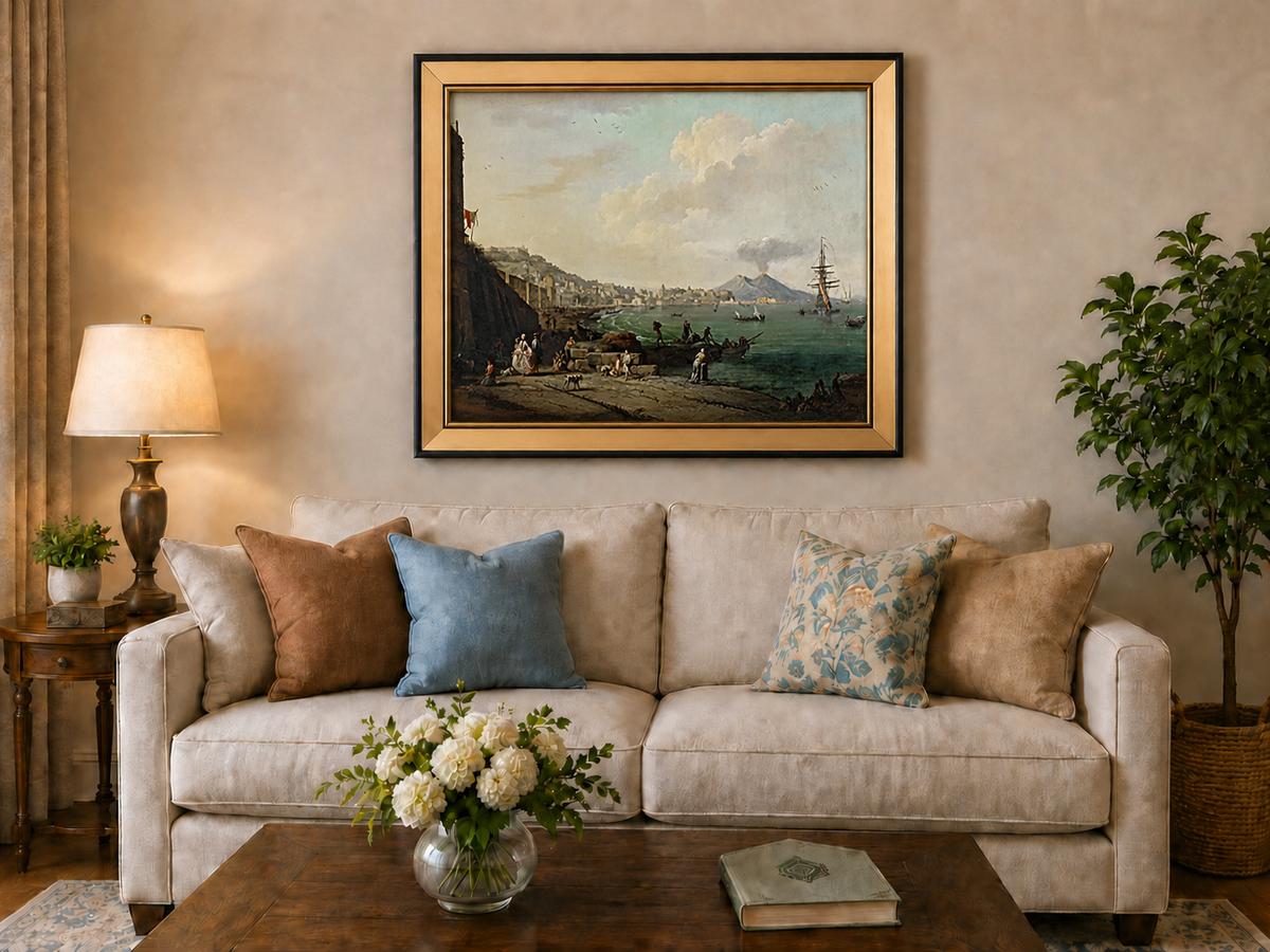 Peinture à l'huile de paysage - Scène de rivière hivernale avec personnages et chevaux