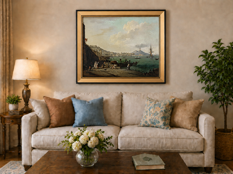 Peinture à l'huile de paysage - Scène de rivière hivernale avec personnages et chevaux