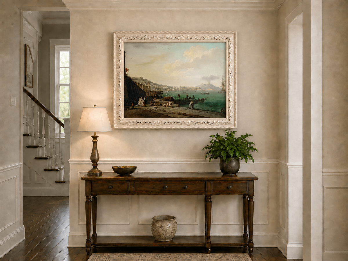 Peinture à l'huile de paysage - Scène de rivière hivernale avec personnages et chevaux