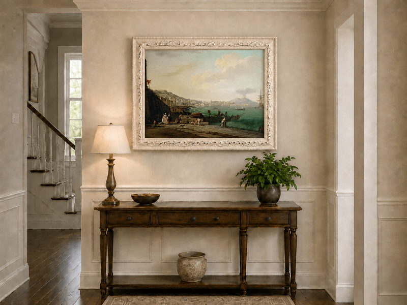 Peinture à l'huile de paysage - Scène de rivière hivernale avec personnages et chevaux
