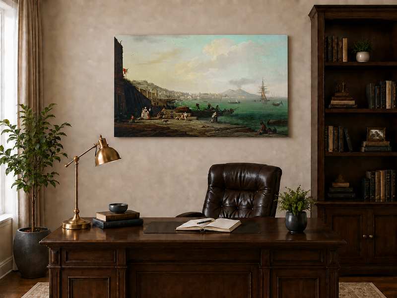 Peinture à l'huile de paysage - Scène de rivière hivernale avec personnages et chevaux