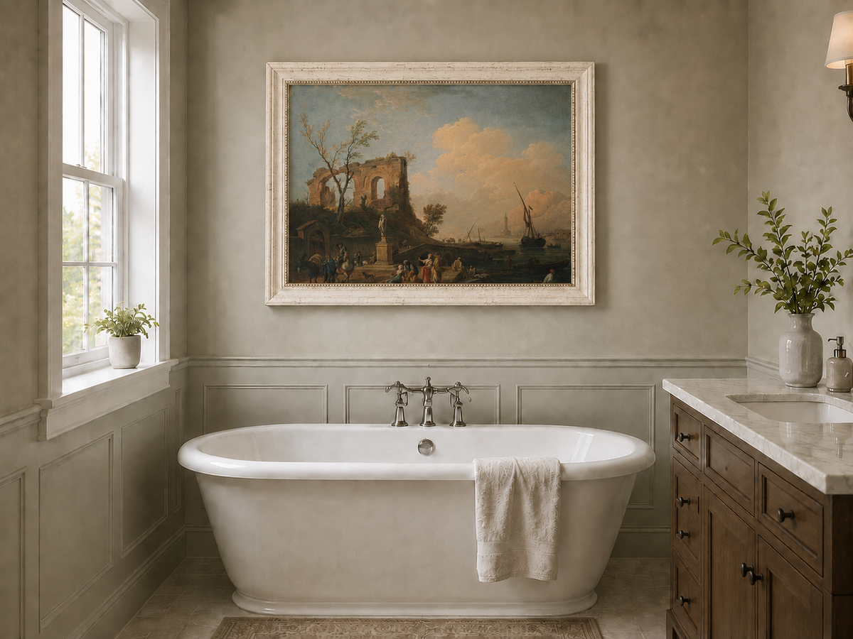 Peinture à l'huile de paysage - Ruines côtières avec personnages et navires