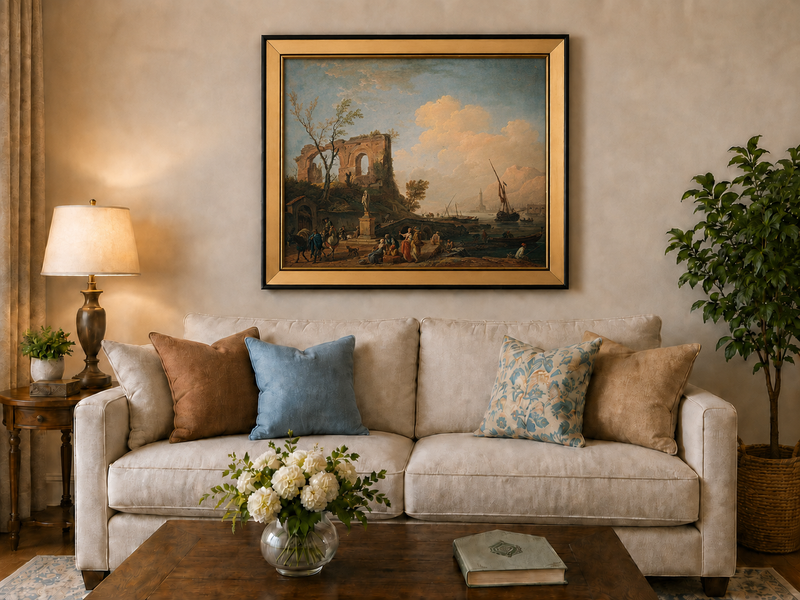 Peinture à l'huile de paysage - Ruines côtières avec personnages et navires