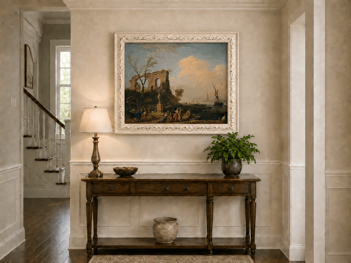 Peinture à l'huile de paysage - Ruines côtières avec personnages et navires