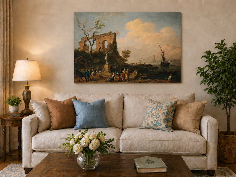 Peinture à l'huile de paysage - Ruines côtières avec personnages et navires