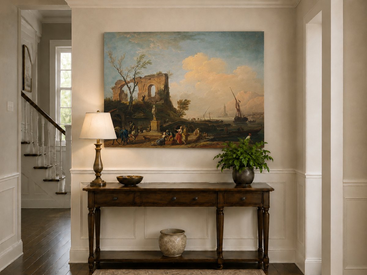 Peinture à l'huile de paysage - Ruines côtières avec personnages et navires