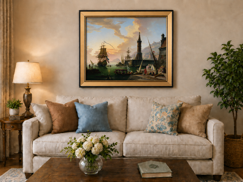 Landscape Oil Painting - Maritime Port with Lighthouse & Ships