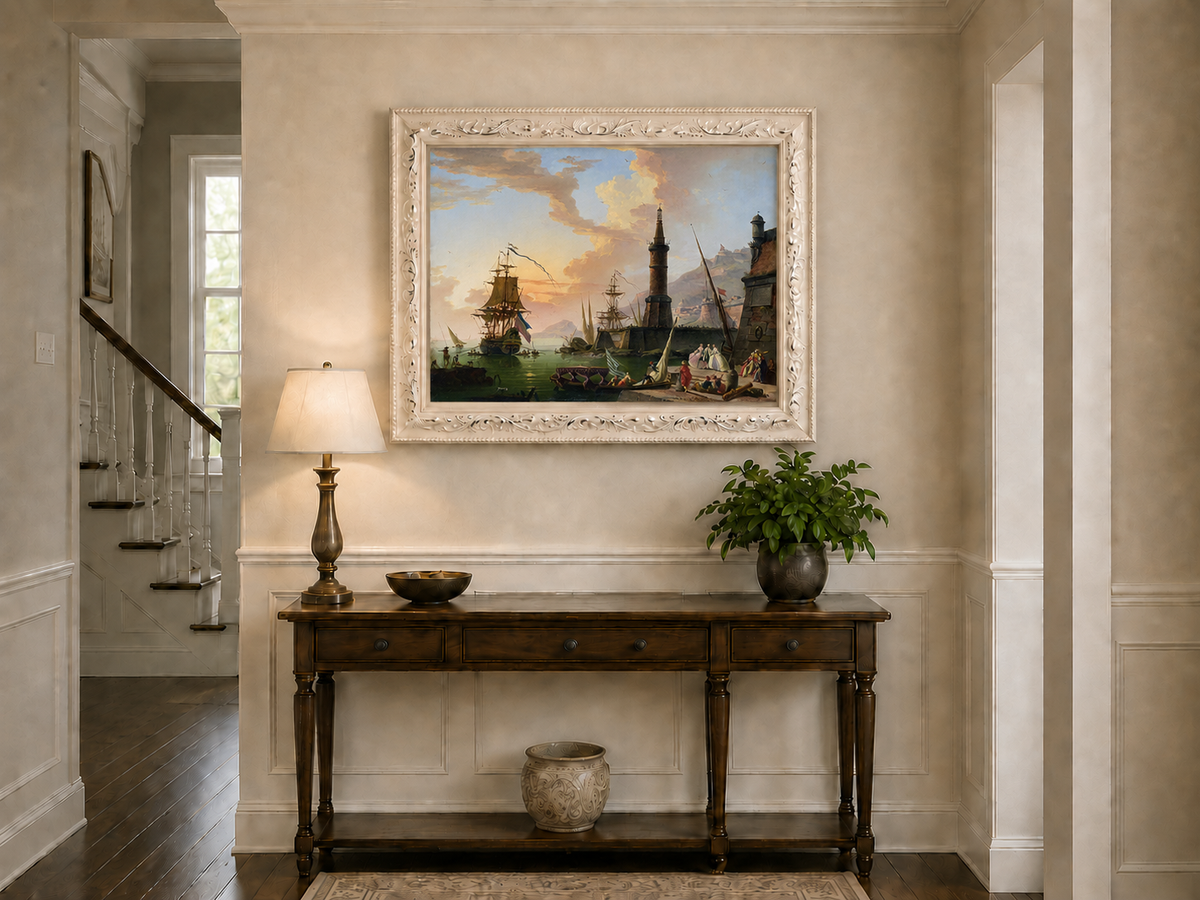 Landscape Oil Painting - Maritime Port with Lighthouse & Ships