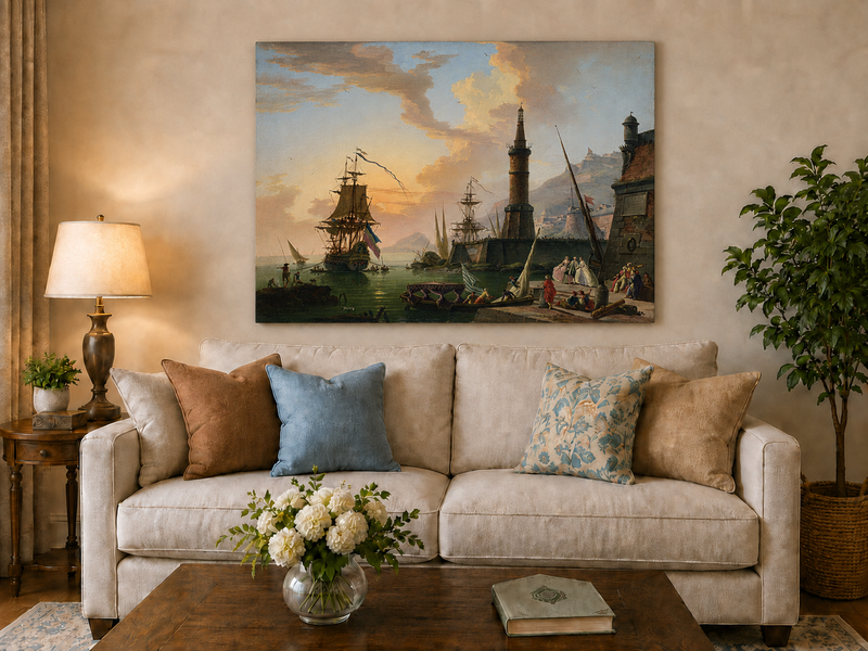 Landscape Oil Painting - Maritime Port with Lighthouse & Ships