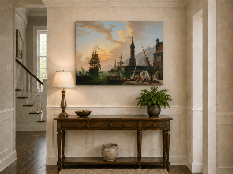 Landscape Oil Painting - Maritime Port with Lighthouse & Ships