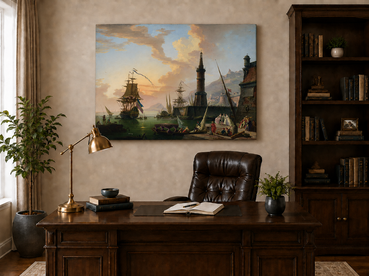 Landscape Oil Painting - Maritime Port with Lighthouse & Ships